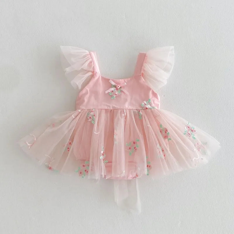 Fly Sleeve Floral Tulle Dress