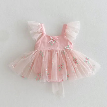 Fly Sleeve Floral Tulle Dress