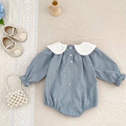 Blue Floral Embroidered Collar Romper