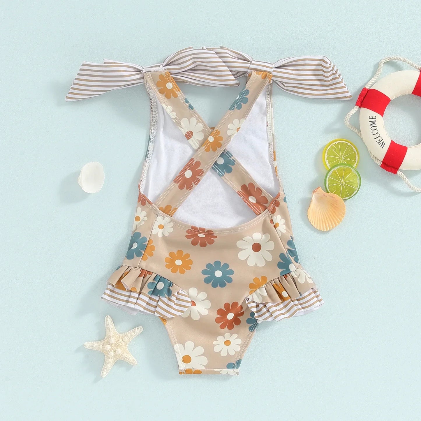 Bowknot Frill Floral Swimsuit