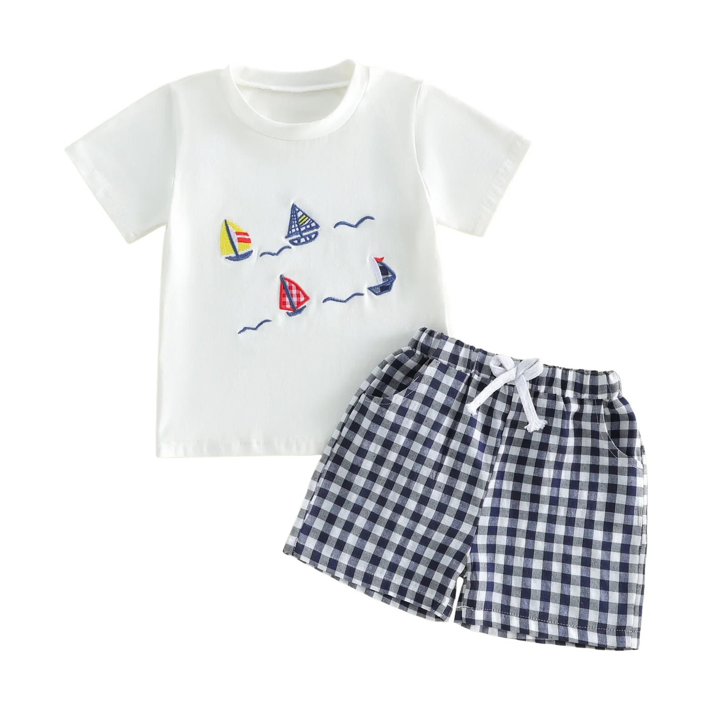 Sailboat Embroidery Plaid Shorts Set