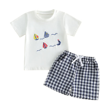 Sailboat Embroidery Plaid Shorts Set