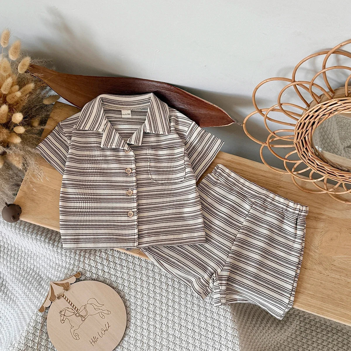 Brown Striped Shirt Shorts Set