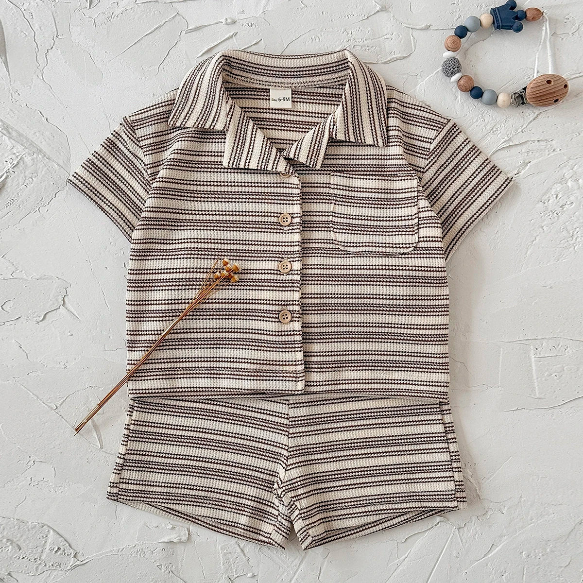Brown Striped Shirt Shorts Set