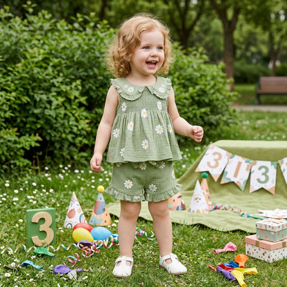 Daisy Print Doll Collar Shorts Set