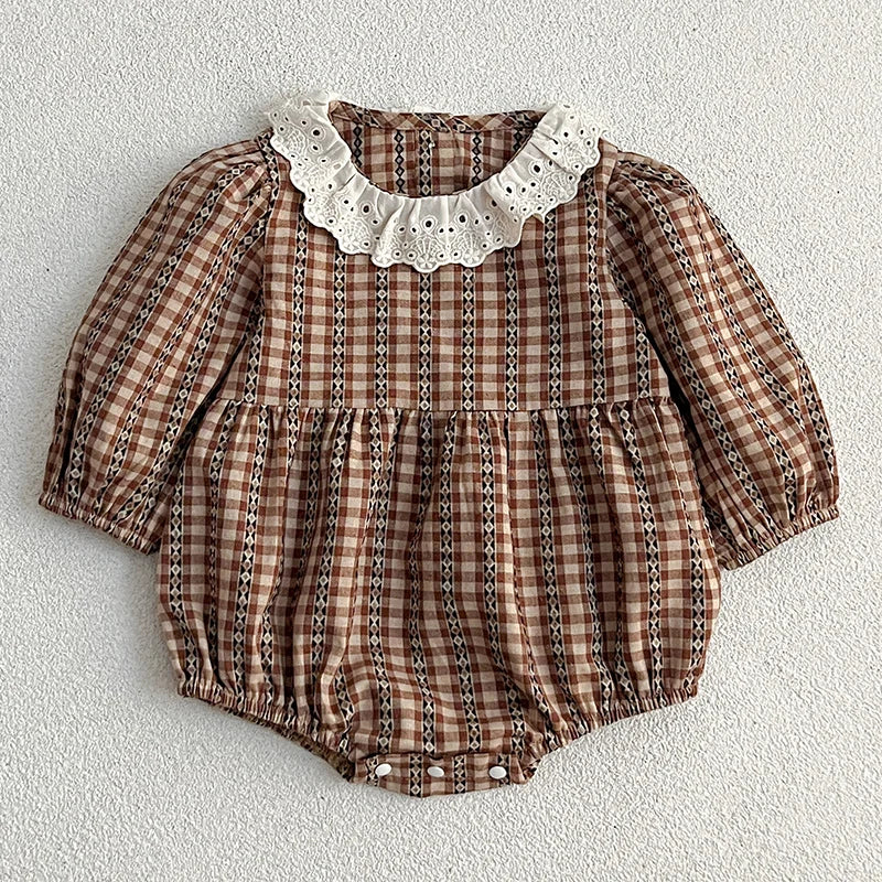 Lace Collar Checkered Romper