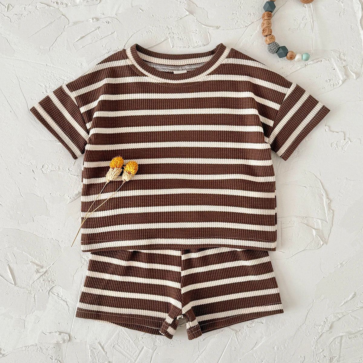 Brown Striped Waffle Shorts Set
