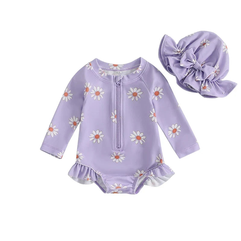 Floral Rash Guard Swimsuit with Hat Set
