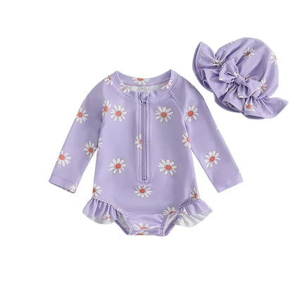 Floral Rash Guard Swimsuit with Hat Set