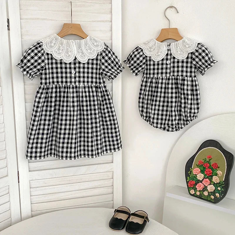 Checkered Eyelet Collar Sister Outfit