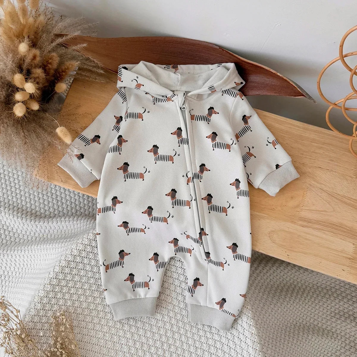 Dog Printed Hooded Jumpsuit
