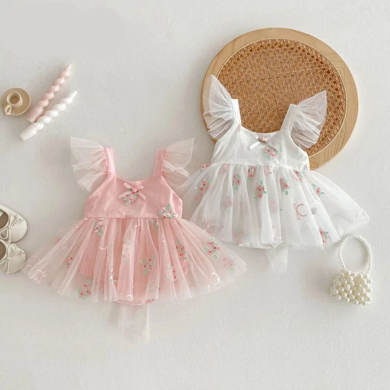 Fly Sleeve Floral Tulle Dress