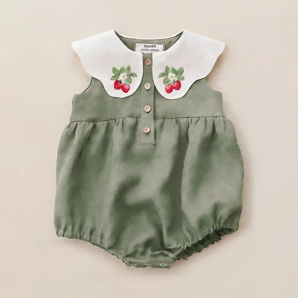 Embroidered Flap Cotton Long Sleeve Romper