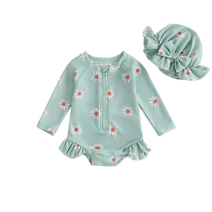 Floral Rash Guard Swimsuit with Hat Set