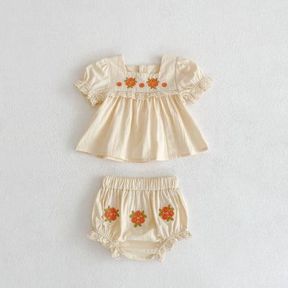 Flower Embroidered Short Sleeve Set