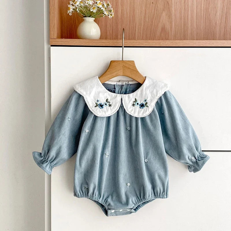 Blue Floral Embroidered Collar Romper