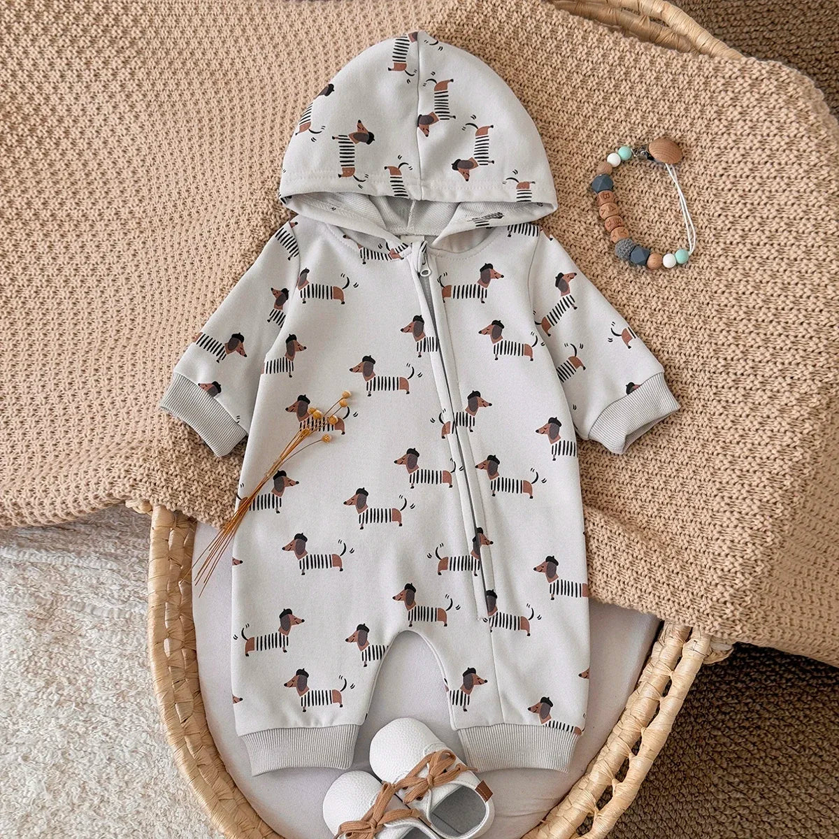 Dog Printed Hooded Jumpsuit