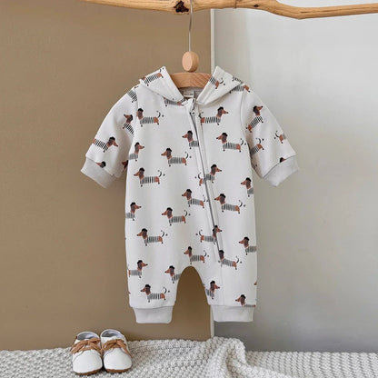 Dog Printed Hooded Jumpsuit
