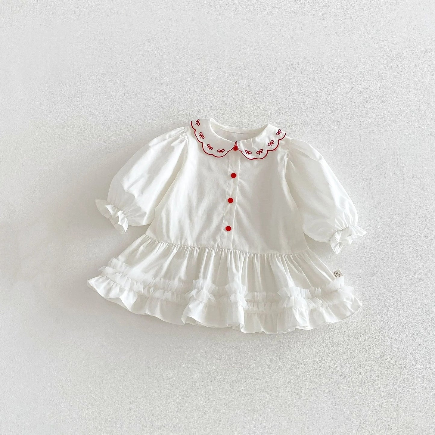 Embroidered Ribbon Collar Frill Dress