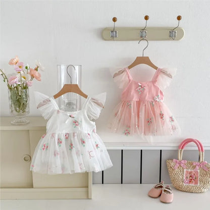 Fly Sleeve Floral Tulle Dress