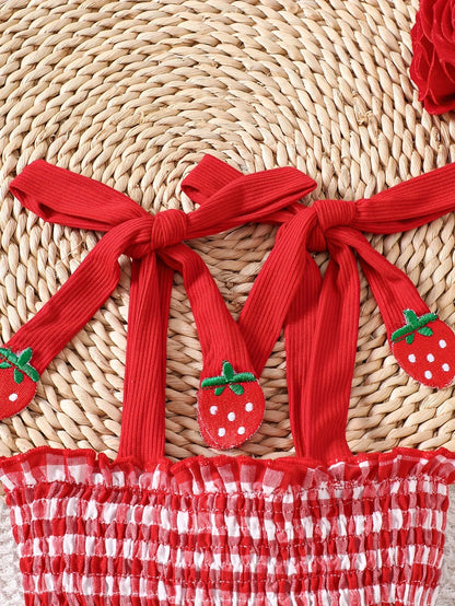 Strawberry Plaid  Layered Romper