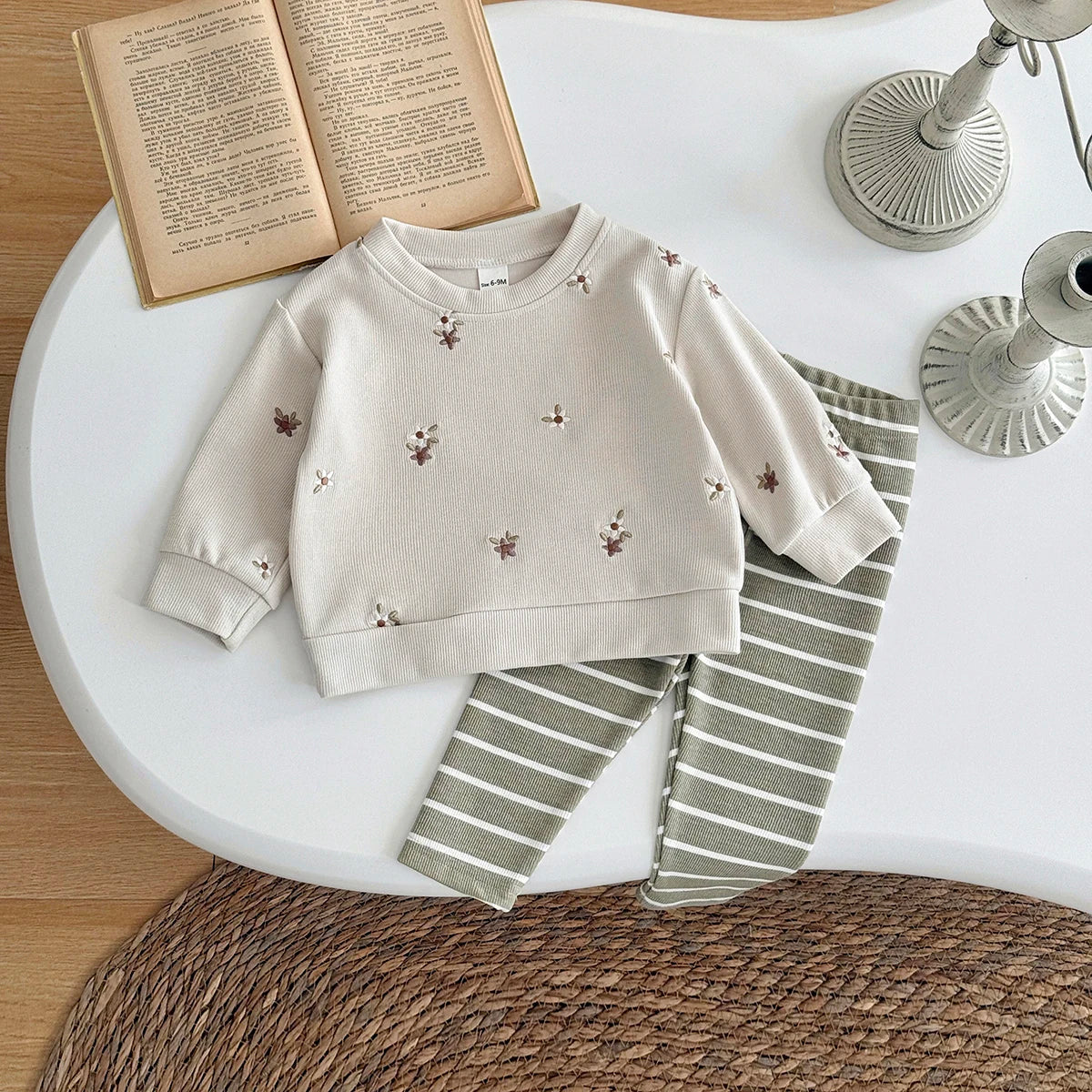 Floral Embroidered Top Striped Pant Set