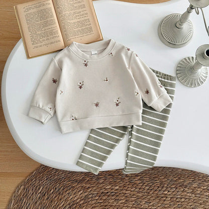 Floral Embroidered Top Striped Pant Set