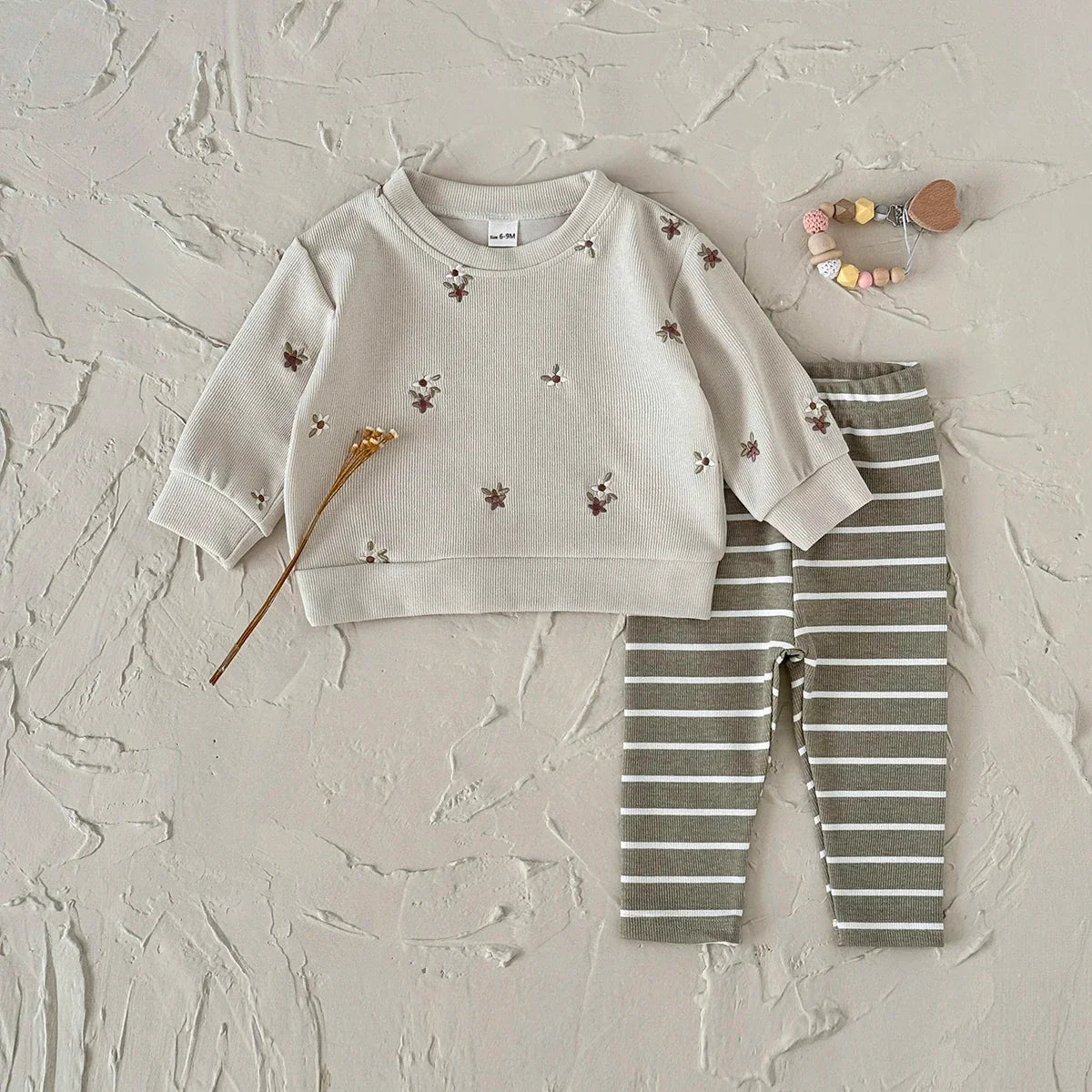 Floral Embroidered Top Striped Pant Set