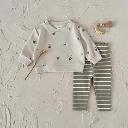 Floral Embroidered Top Striped Pant Set
