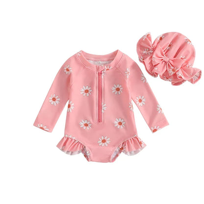 Floral Rash Guard Swimsuit with Hat Set