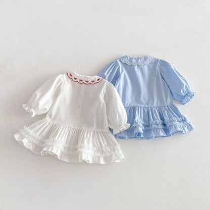 Embroidered Ribbon Collar Frill Dress