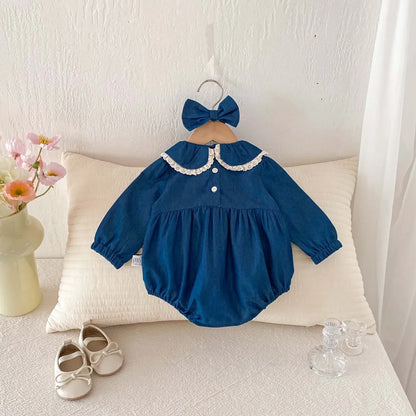 Lace Lapel Denim Romper