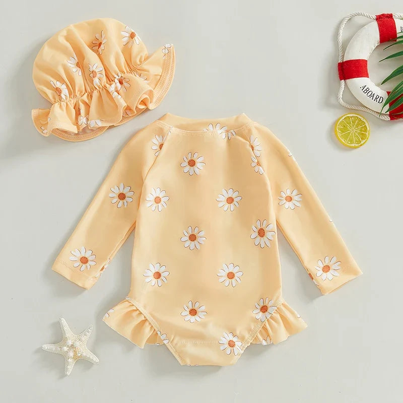 Floral Rash Guard Swimsuit with Hat Set