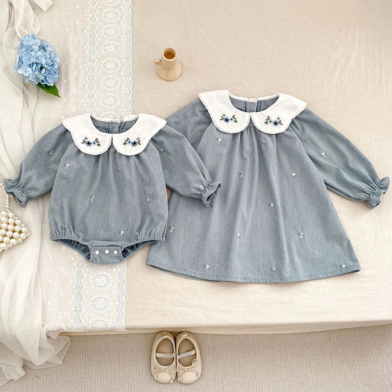 Blue Floral Embroidered Collar Romper