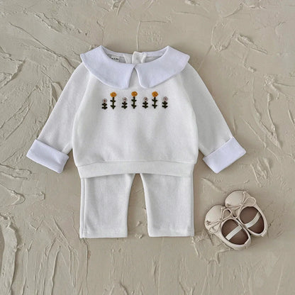 Flower Embroidered Lapel Sweatshirt Pants Set