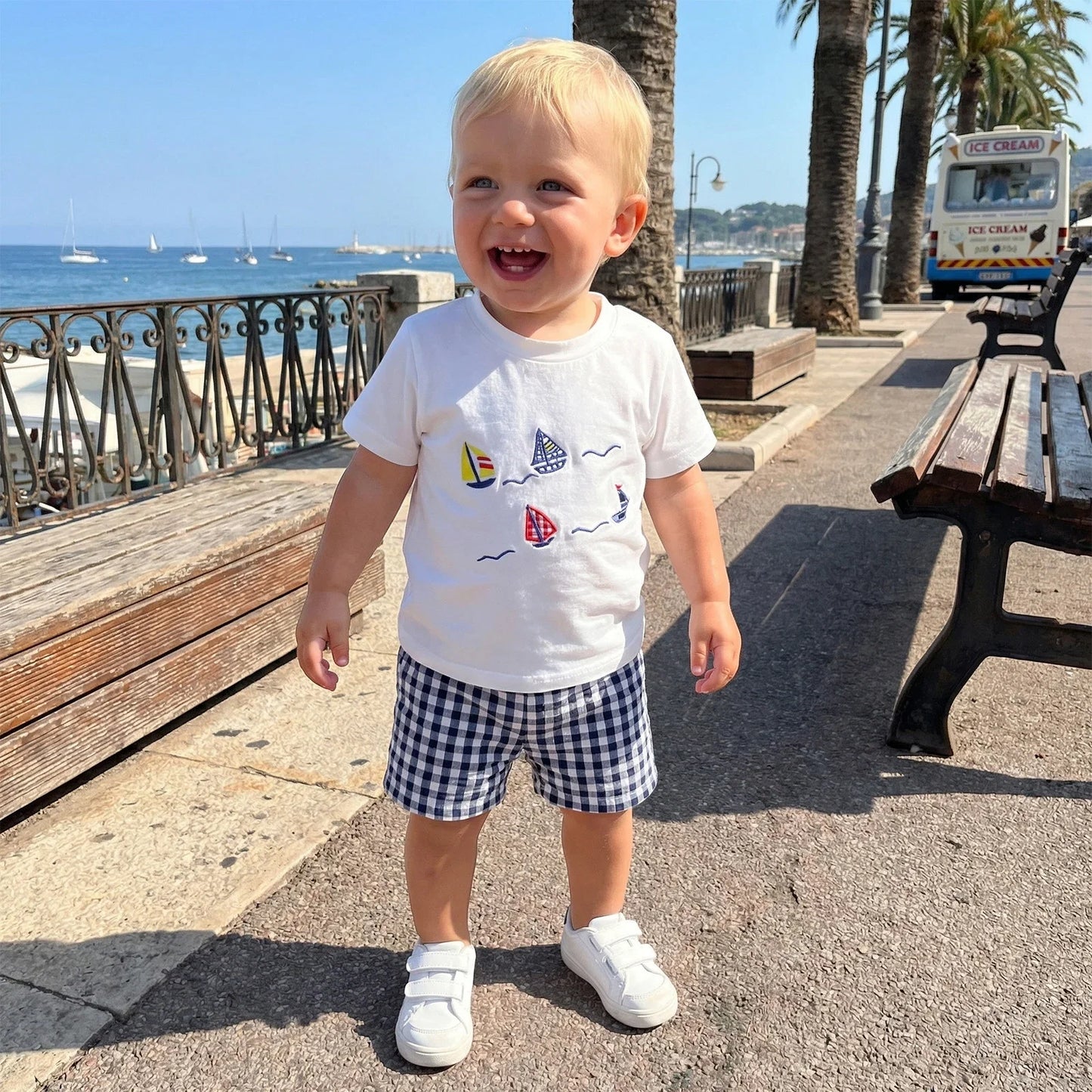 Sailboat Embroidery Plaid Shorts Set