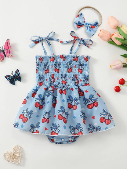 Blue Cherry Print Romper