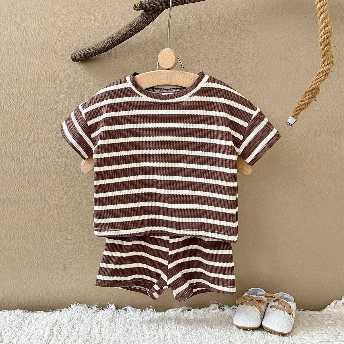 Brown Striped Waffle Shorts Set