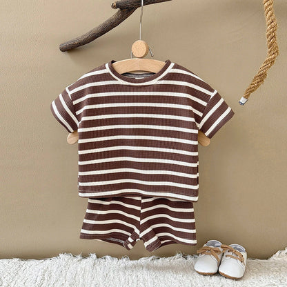 Brown Striped Waffle Shorts Set