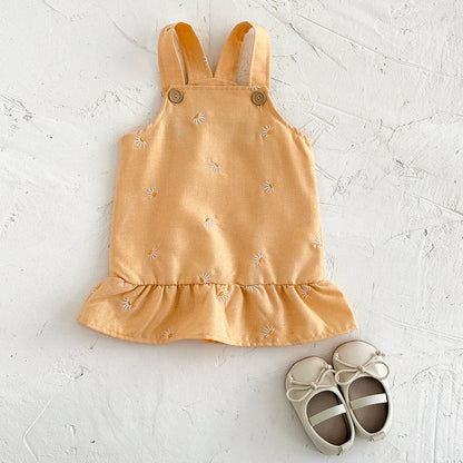 Yellow Floral Embroidery Suspender Dress