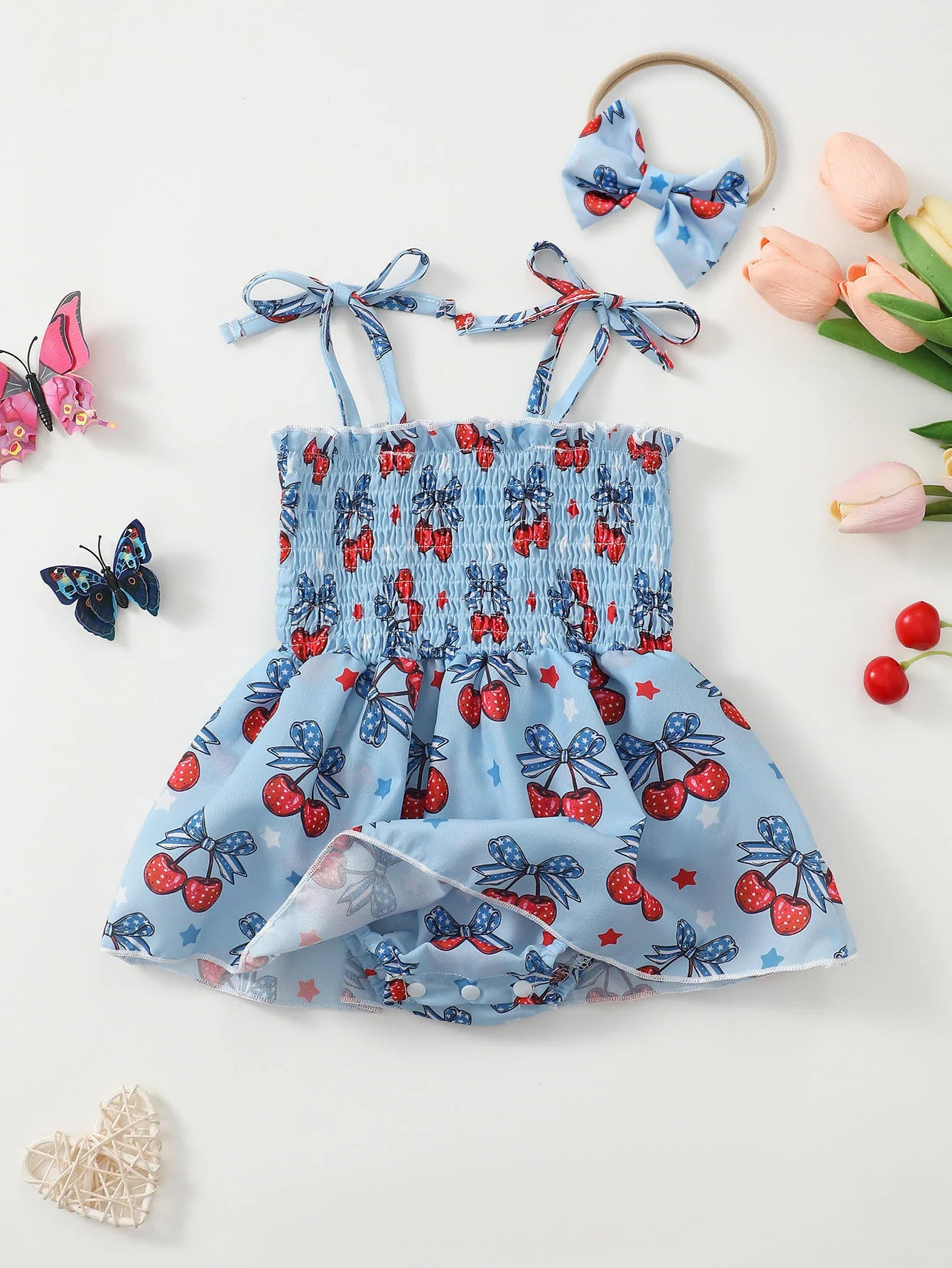 Blue Cherry Print Romper