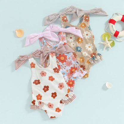 Bowknot Frill Floral Swimsuit