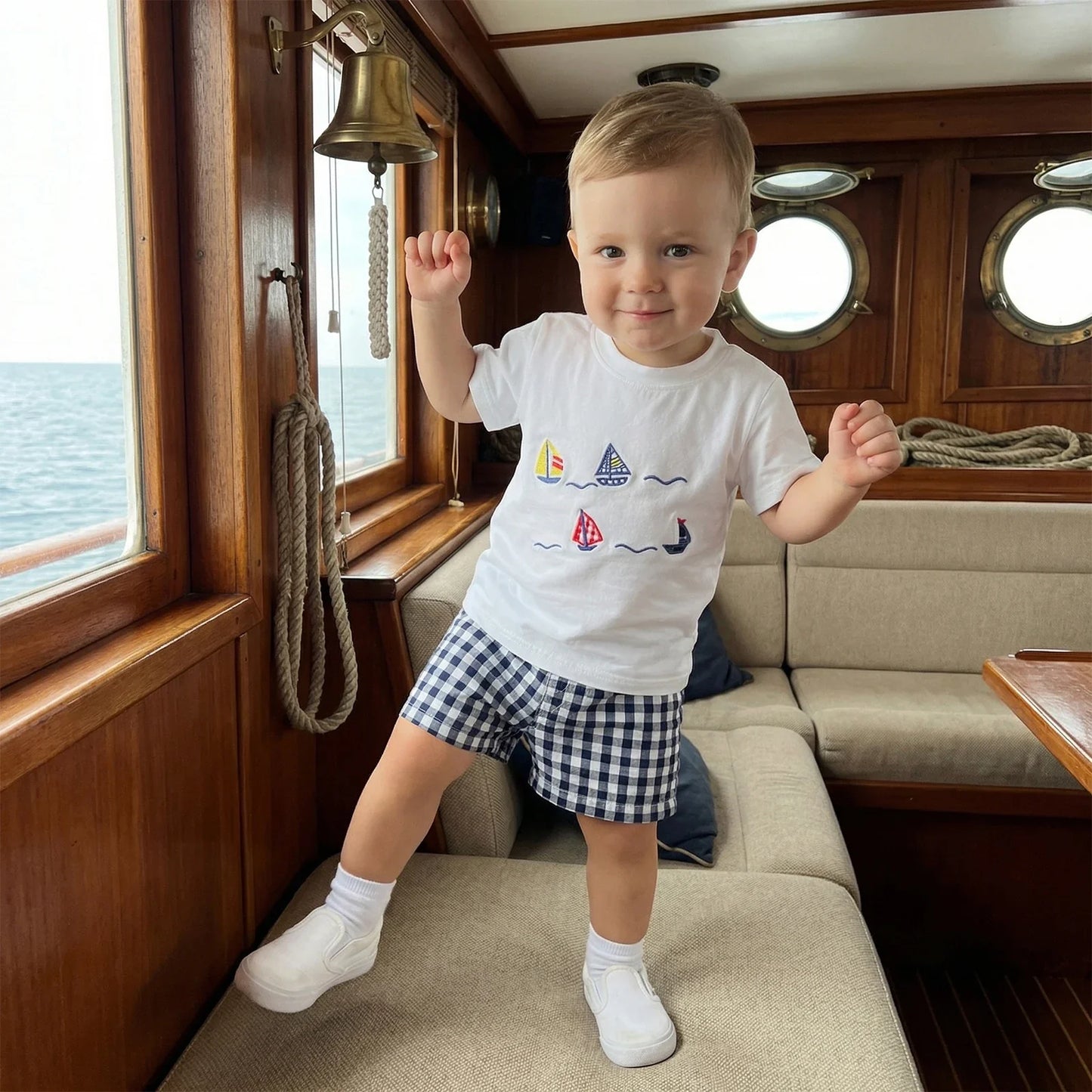 Sailboat Embroidery Plaid Shorts Set