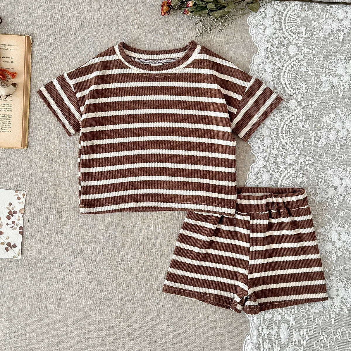 Brown Striped Waffle Shorts Set