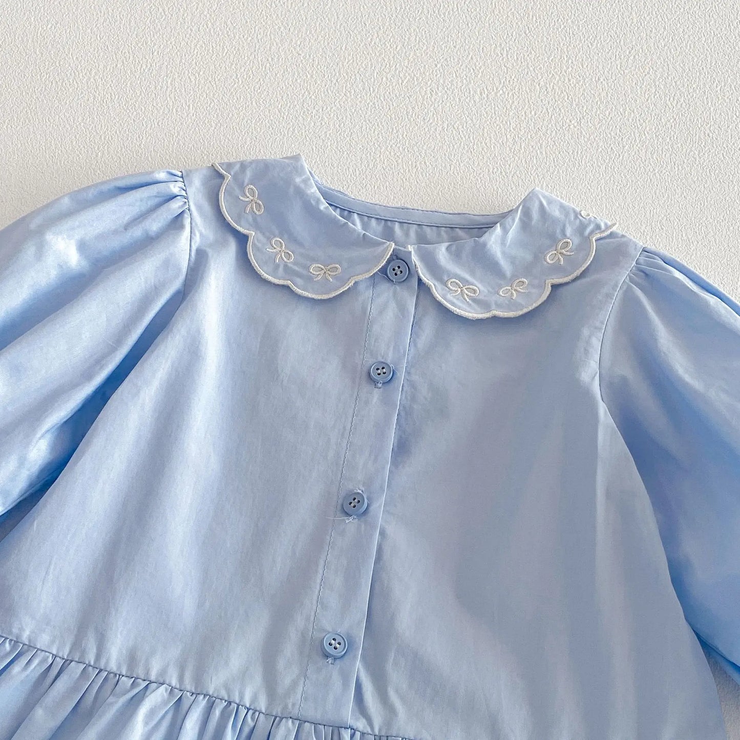 Embroidered Ribbon Collar Frill Dress