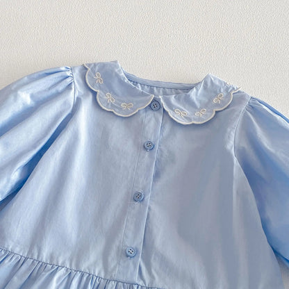 Embroidered Ribbon Collar Frill Dress