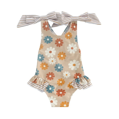 Bowknot Frill Floral Swimsuit