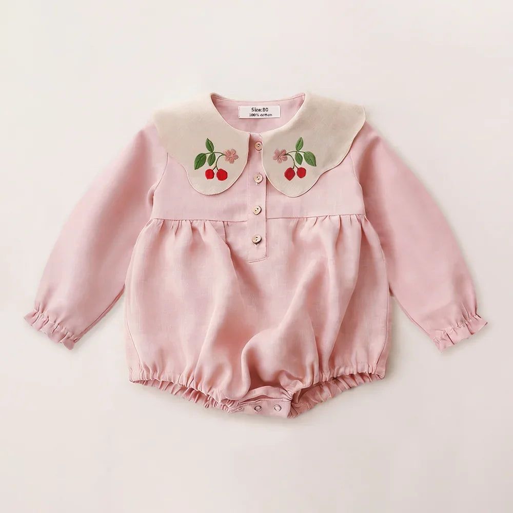 Embroidered Flap Cotton Long Sleeve Romper