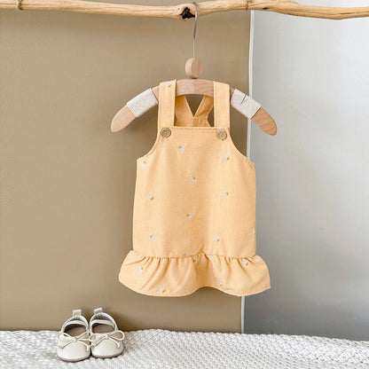 Yellow Floral Embroidery Suspender Dress