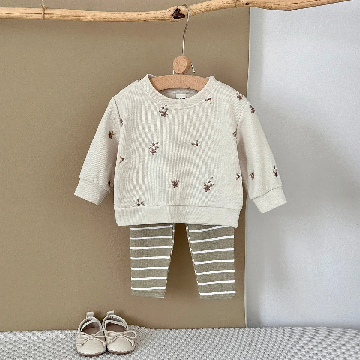 Floral Embroidered Top Striped Pant Set